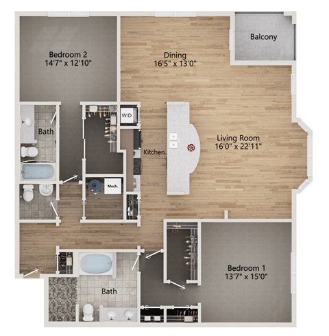 A floor plan of a home showing a living room, two bedrooms, a dining room, a kitchen, a balcony, and bathrooms.
